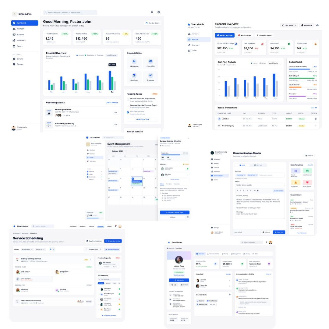 Church management dashboard with analytics and event scheduling
