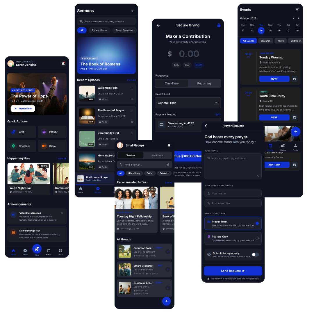 Mobile church app with sermons, giving, and events